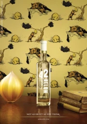 A tall glass bottle of vodka centered on a dark wooden tabletop against a patterned wallpaper background featuring bears and beehives.