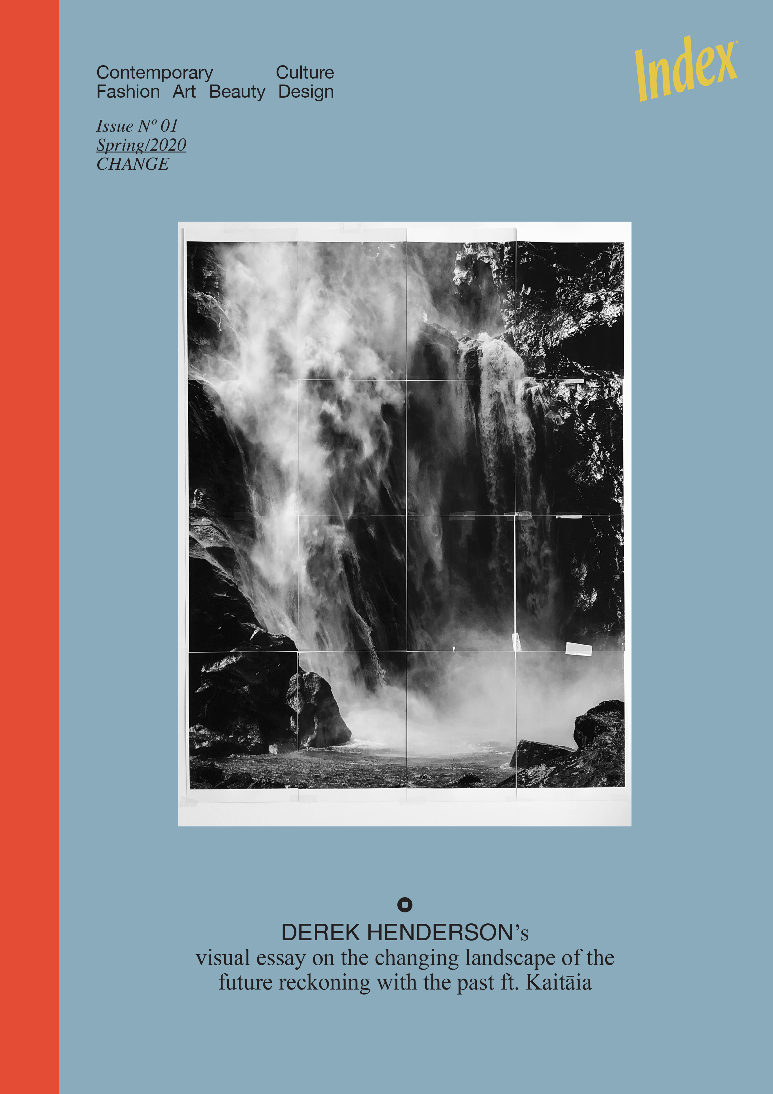 Index magazine cover featuring black and white photograph of a waterfall. The magazine cover has text and a light blue background.