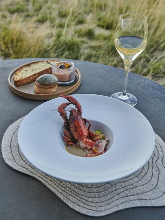 Gourmet dish featuring a red lobster served in a white bowl, accompanied by wine, bread, and pate, set outdoors with a grassy background.