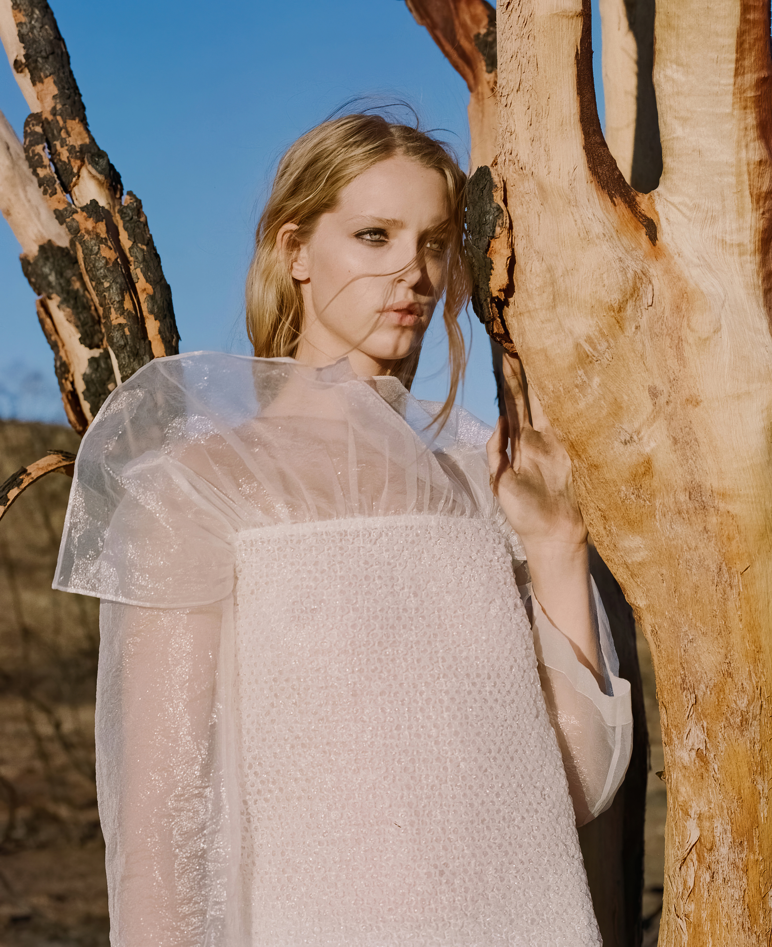 Blonde woman in white sheer dress poses next to a charred tree trunk against a clear blue sky in a fashion editorial shot.