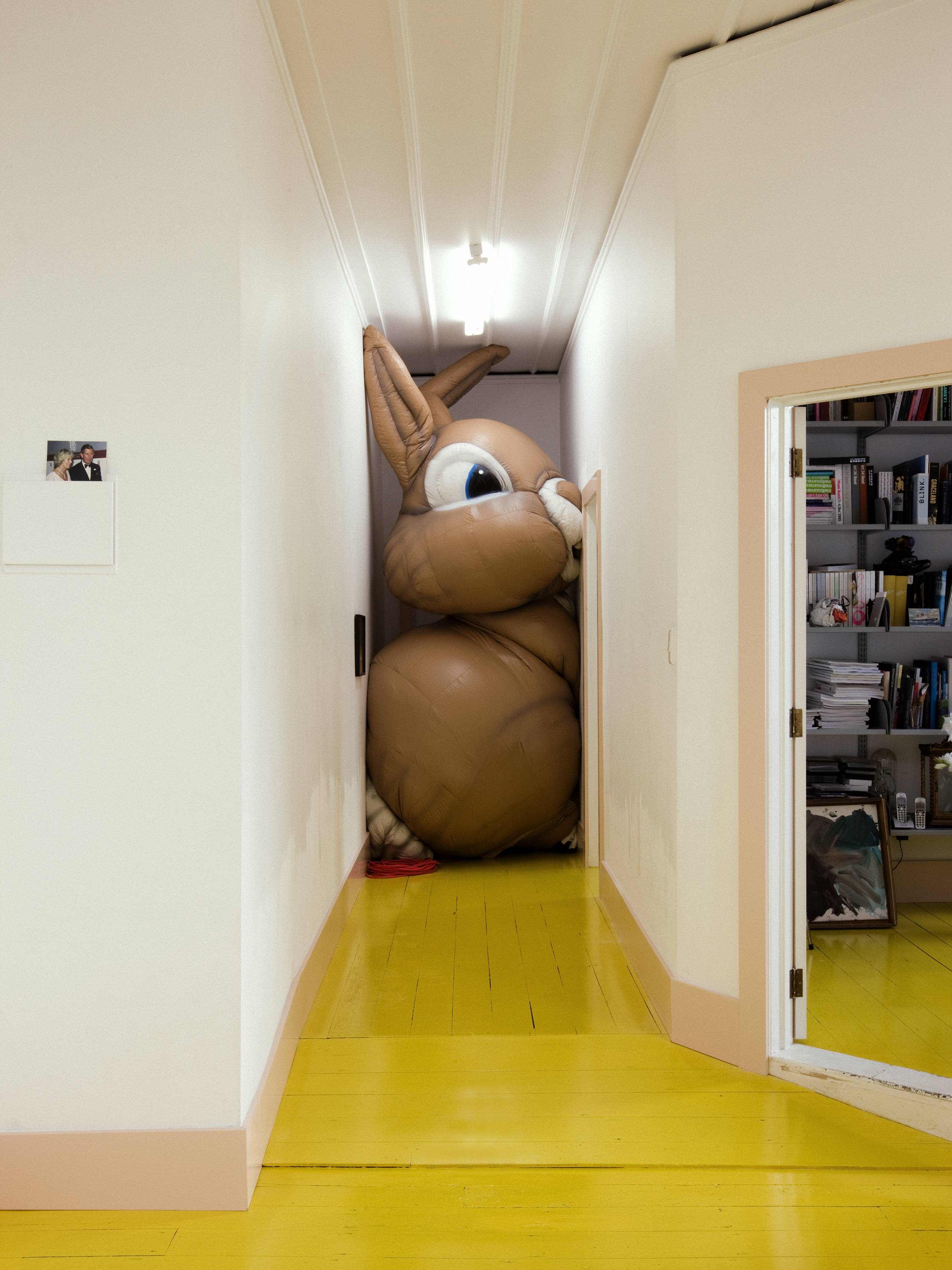 Humorous shot of a large brown inflatable rabbit wedged into a narrow hallway with a yellow floor, creating a surreal and unexpected interior scene.