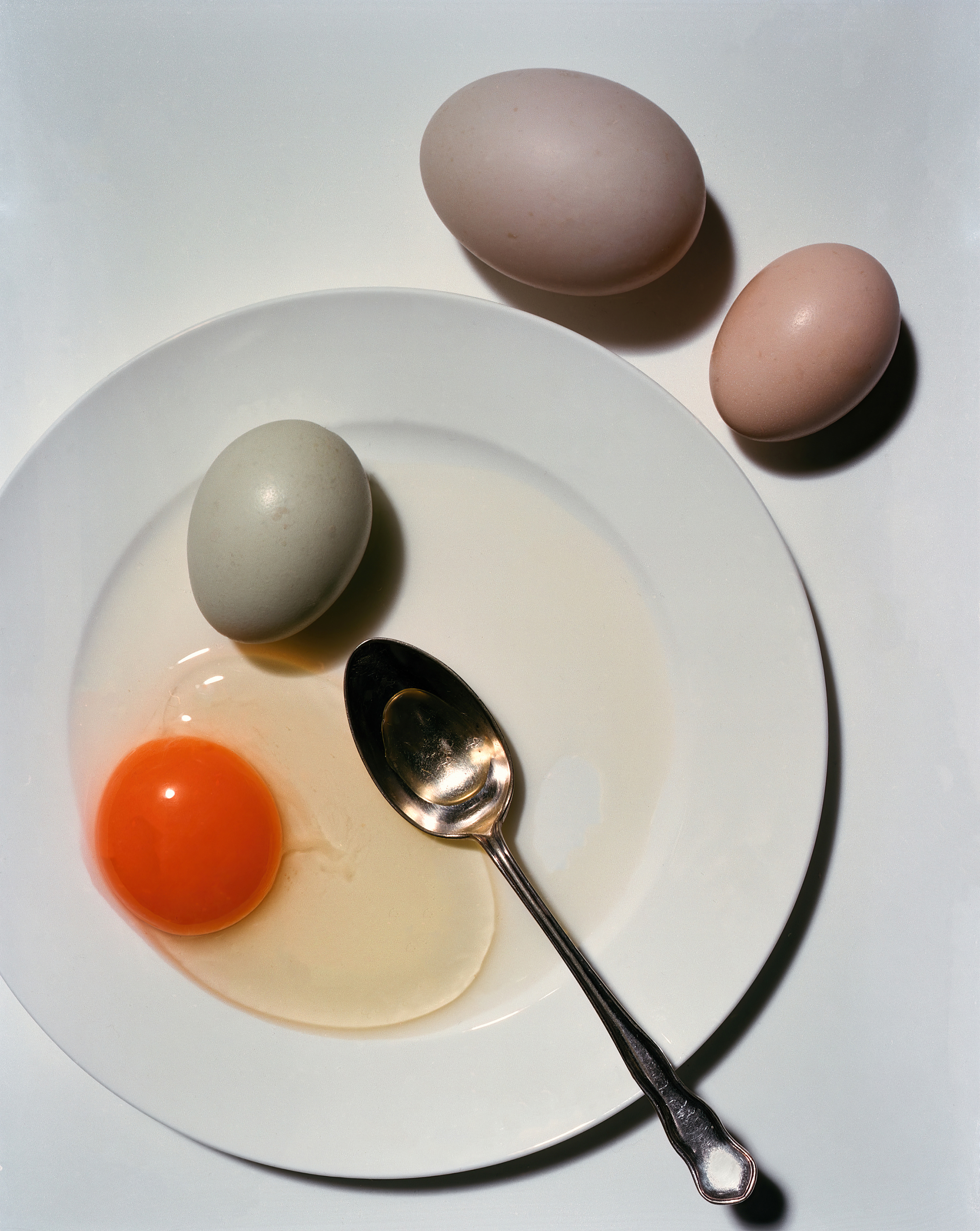 Overhead shot of a cracked egg with yolk on a white plate, next to a silver spoon and two whole eggs, against a white surface.