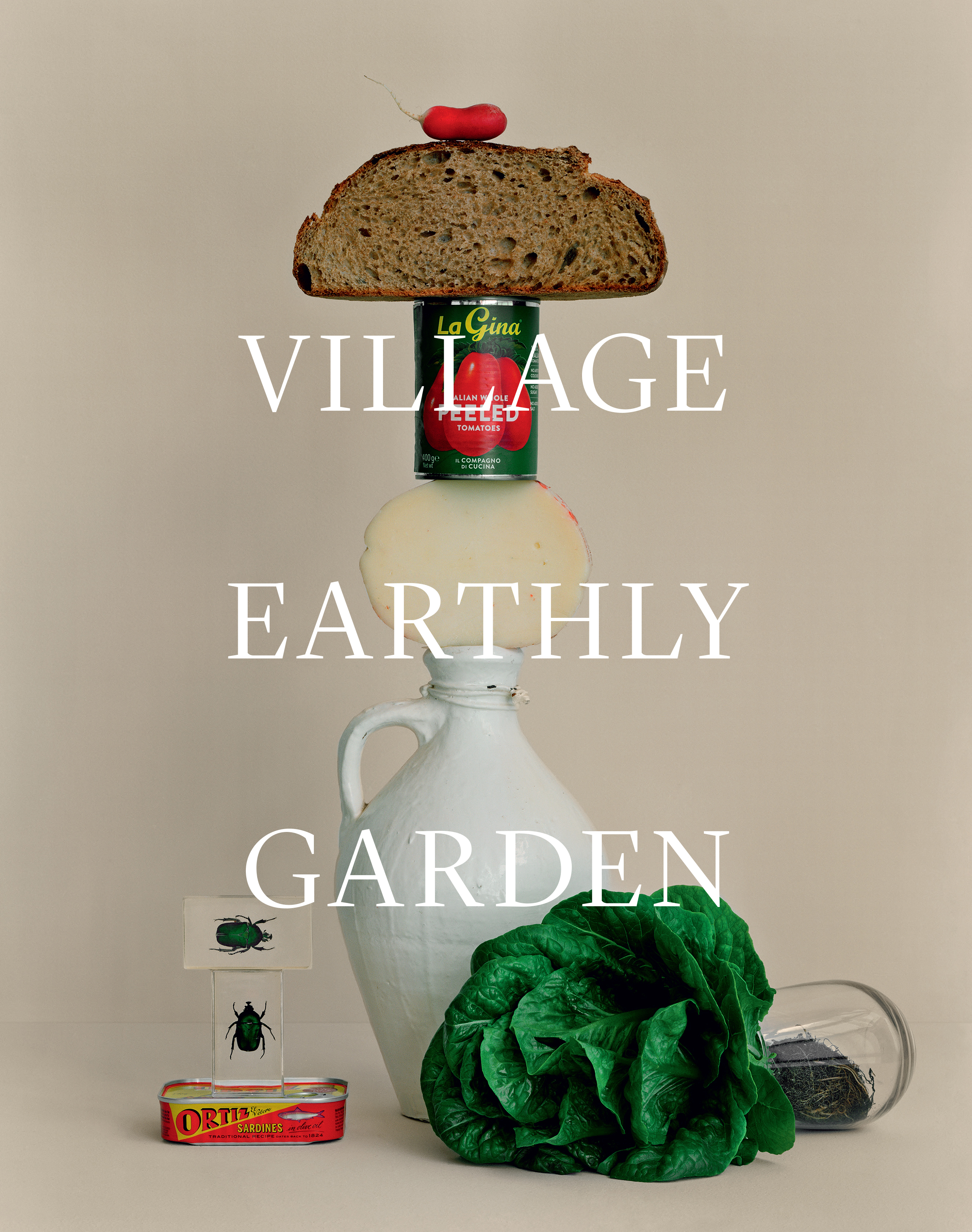 Still life photography featuring stacked food and objects: bread, radish, tomato can, cheese, jug, lettuce, and Ortiz tin, against a neutral backdrop.