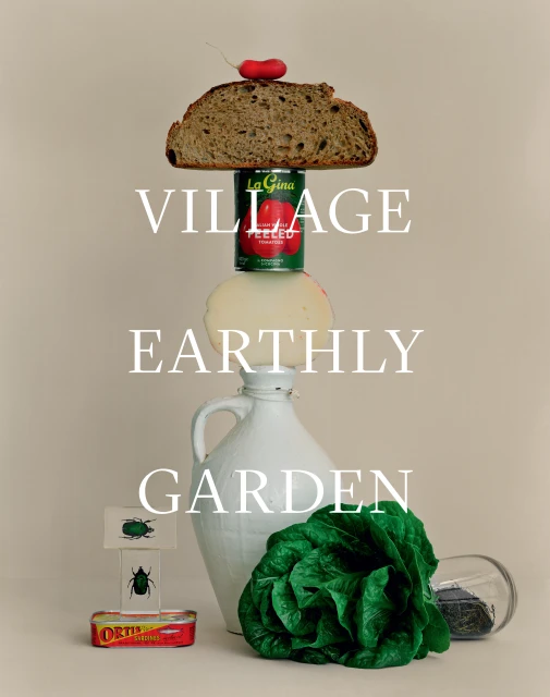 Still life photography featuring stacked food and objects: bread, radish, tomato can, cheese, jug, lettuce, and Ortiz tin, against a neutral backdrop.