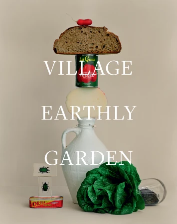 Still life photography featuring stacked food and objects: bread, radish, tomato can, cheese, jug, lettuce, and Ortiz tin, against a neutral backdrop.