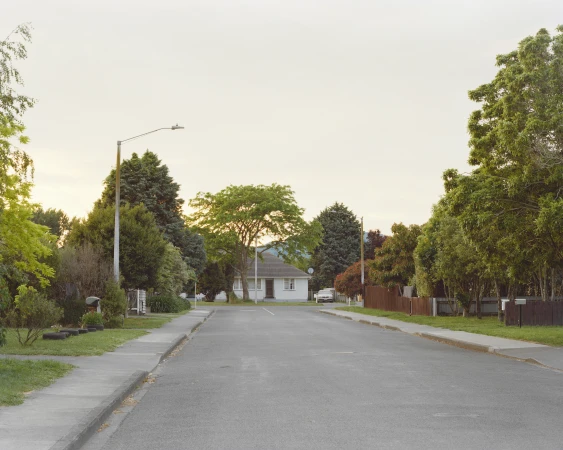 Quiet suburban street scene with a house, green trees, and a clear sky, capturing a sense of calm and neighborhood tranquility.