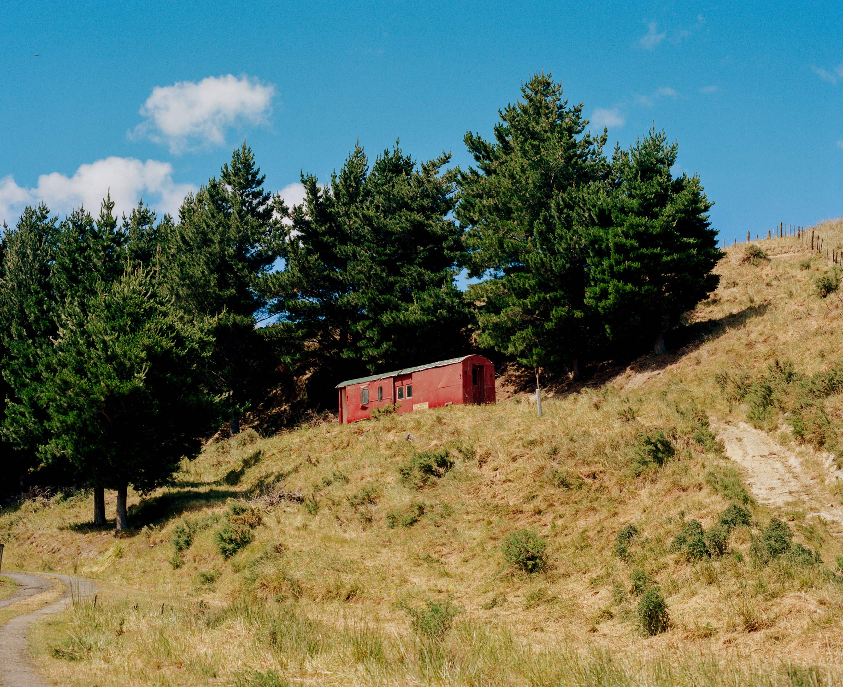 Red mobile home nestles among tall green trees on a grassy hillside under a partly cloudy sky. A dirt road winds into the scene.