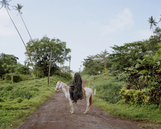 White and brown horse with a person in a ghillie suit riding on a dirt road, surrounded by green tropical foliage under a light sky.