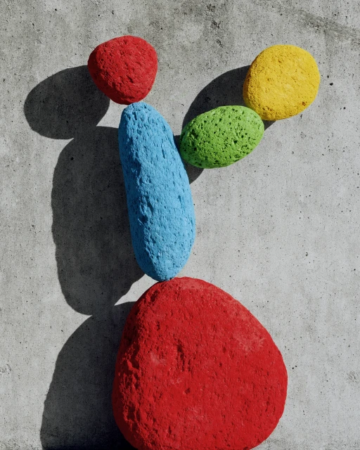 Arrangement of vibrantly painted stones in red, blue, green, and yellow against a gray concrete background in bright studio lighting.