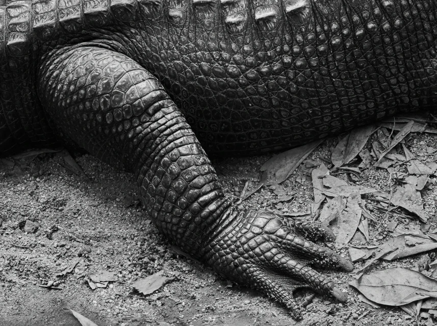 Close-up monochrome image of an alligator leg showing its textured skin and scales, with the animal resting on dry leaves and dirt.