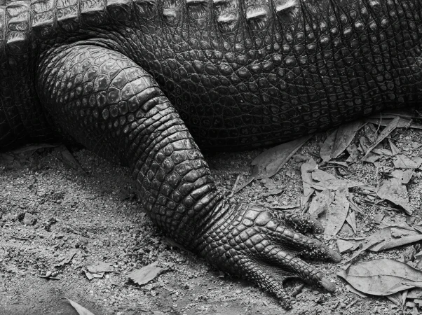 Close-up monochrome image of an alligator leg showing its textured skin and scales, with the animal resting on dry leaves and dirt.