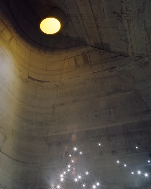 Architectural shot of a concrete dome ceiling with a central round light fixture, complemented by small, star-like lights below.