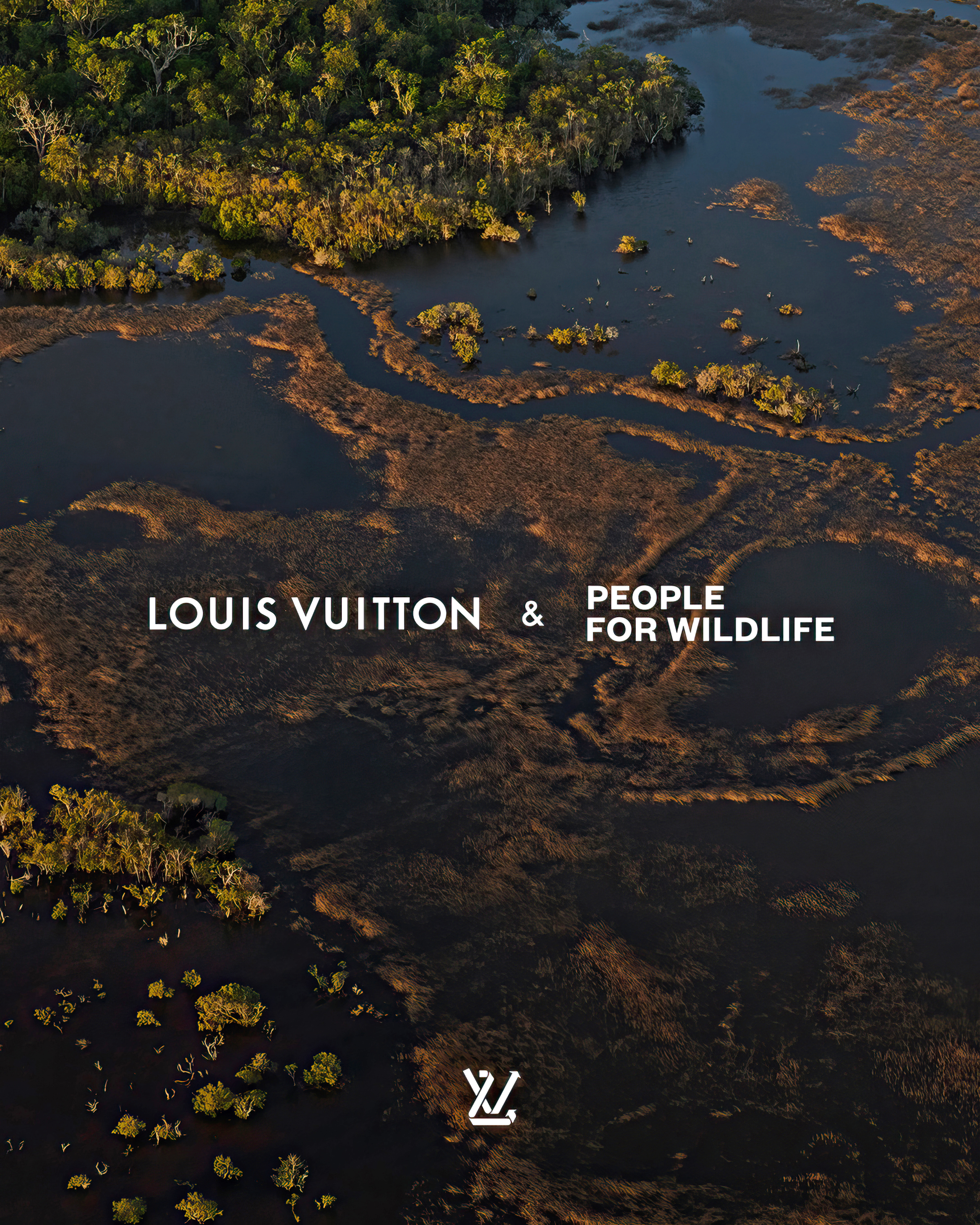 Aerial view of marshland and trees, promoting a collaboration between Louis Vuitton and People for Wildlife, featuring the LV logo.