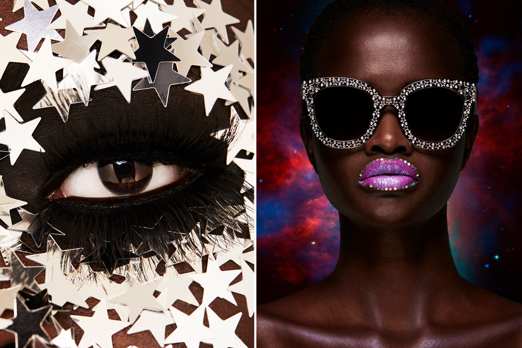 Striking beauty shot featuring an African American woman with glamorous makeup, star-shaped face decor, jeweled lips, and sparkling sunglasses.