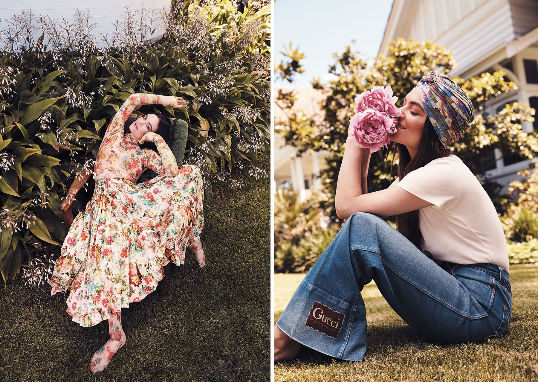 Two women in a side-by-side outdoor fashion portrait. One wears a floral dress in a garden setting; the other poses with pink peonies.