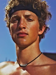 Portrait of a young man with curly blonde hair wearing a dark headband and a beaded cord necklace against a clear blue sky
