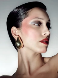 Close-up portrait of a woman with slicked-back dark hair wearing a large gold teardrop earring against a light grey background