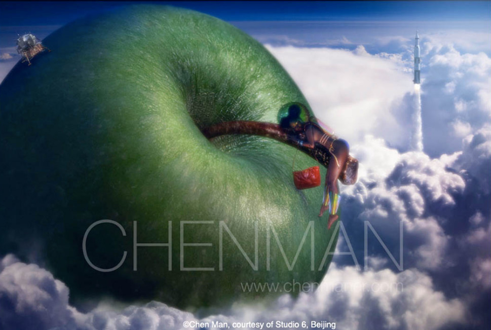 Surreal digital artwork featuring a woman lounging on an apple branch in the clouds, with a rocket launching in the background.
