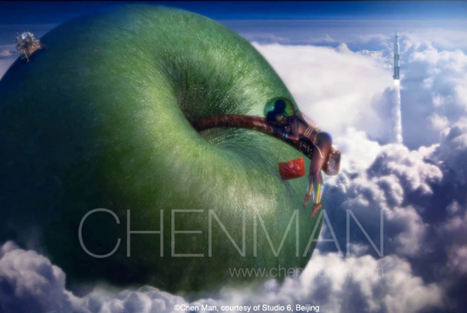 Surreal digital artwork featuring a woman lounging on an apple branch in the clouds, with a rocket launching in the background.