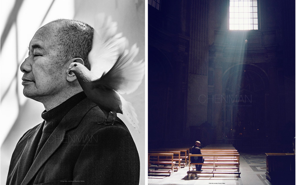 Two-panel image: on the left, an older man with a dove on his shoulder in black and white. On the right, the back of a man’s head sitting in a church.