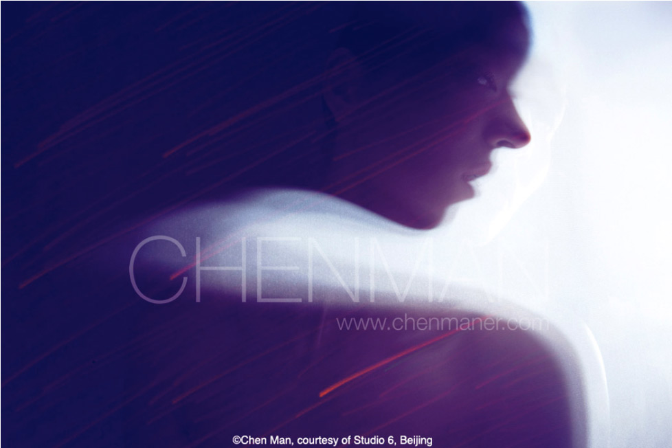 Dramatic studio portrait of a person's profile with soft lighting, a blue-purple background, and motion blur, captured by Chen Man.