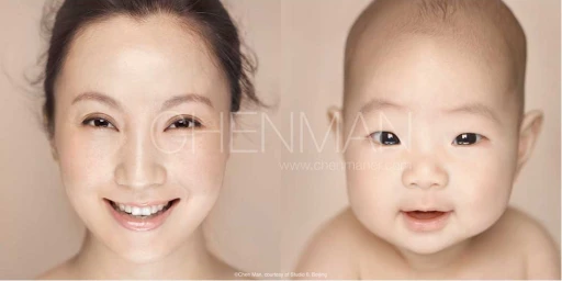 Close-up split portrait of an adult woman smiling next to a baby, photographed by Chen Man on a neutral beige background.
