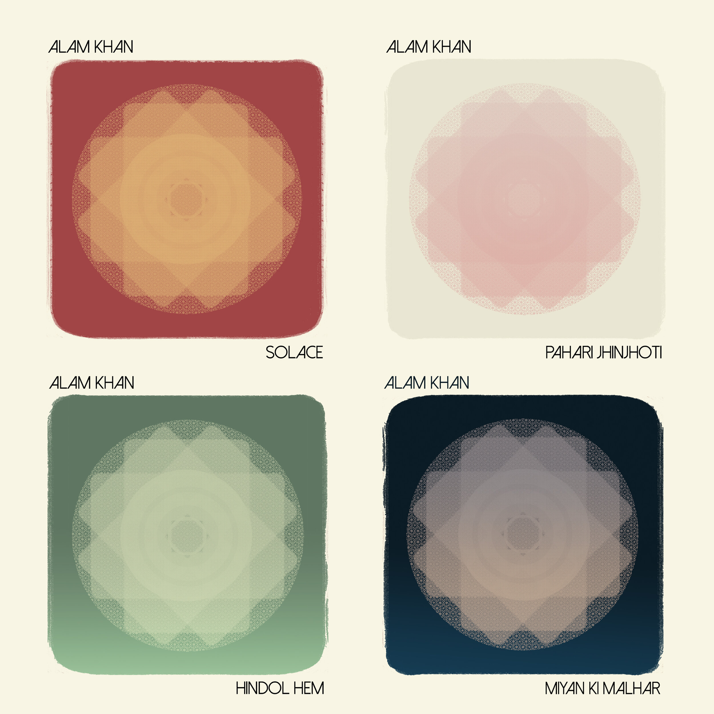 Geometric art with watercolor textures in square frames, showcasing a blend of red, pink, green, and blue palettes on a soft background.