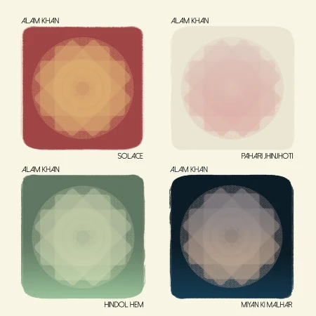 Geometric art with watercolor textures in square frames, showcasing a blend of red, pink, green, and blue palettes on a soft background.