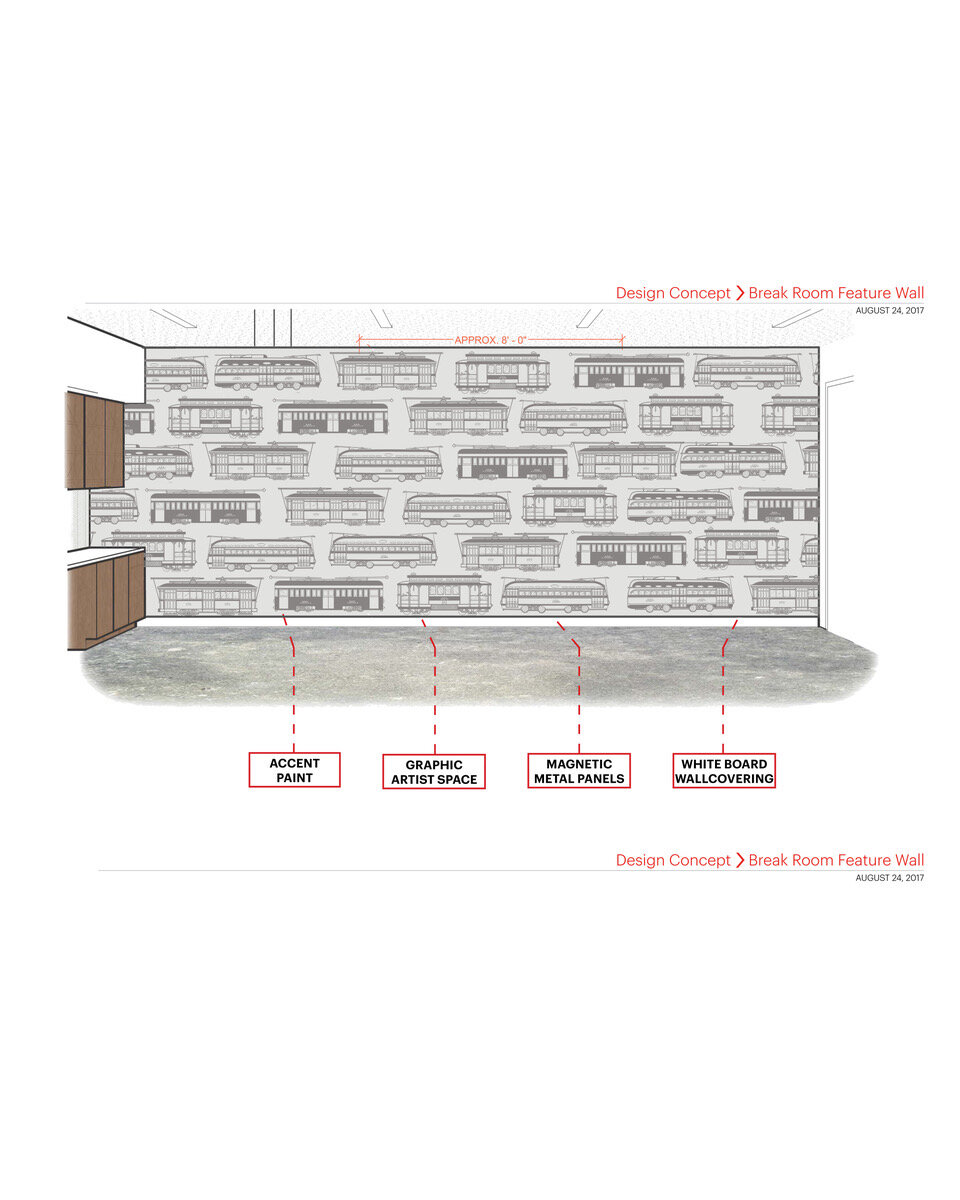 Interior architectural sketch featuring a wall covered with trolley car illustrations in a break room design concept. Architectural rendering.