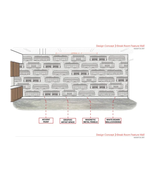 Interior architectural sketch featuring a wall covered with trolley car illustrations in a break room design concept. Architectural rendering.