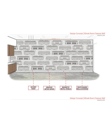 Interior architectural sketch featuring a wall covered with trolley car illustrations in a break room design concept. Architectural rendering.