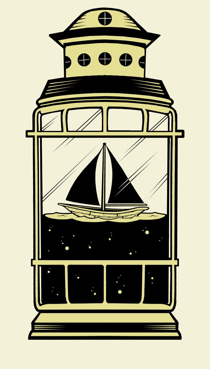 Illustration of a sailboat inside a decorative lantern with a transparent window against a cream-colored background, creating a nautical theme.
