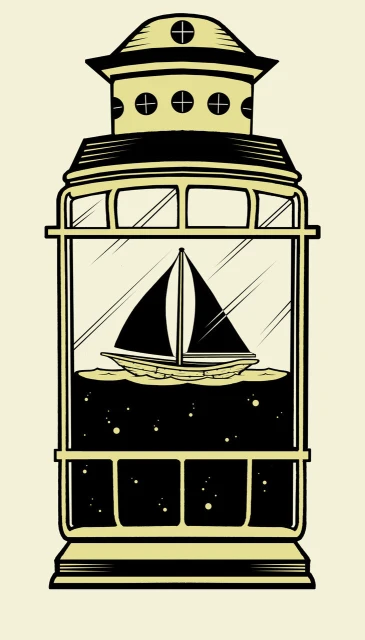 Illustration of a sailboat inside a decorative lantern with a transparent window against a cream-colored background, creating a nautical theme.