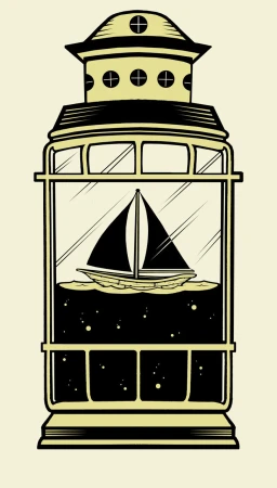 Illustration of a sailboat inside a decorative lantern with a transparent window against a cream-colored background, creating a nautical theme.