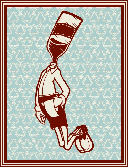 Cartoon illustration of wine bottle figure in waiter's uniform against a patterned backdrop, framed with maroon border.