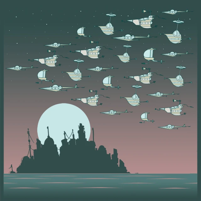 Cartoon illustration of futuristic flying vehicles above a city skyline at night with a bright moon and starry sky.