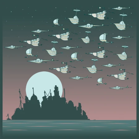 Cartoon illustration of futuristic flying vehicles above a city skyline at night with a bright moon and starry sky.