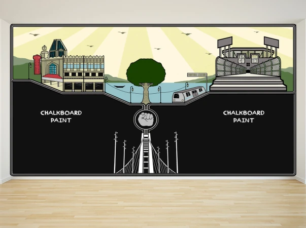 Illustration of a city skyline, stadium, and bridge connected by a network of roads and a tree with a fist graphic at its base.