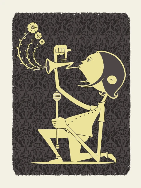 Illustration of a kneeling person playing a trumpet, with flowers coming out of the trumpet horn, set against a patterned backdrop.