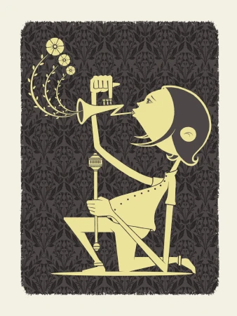 Illustration of a kneeling person playing a trumpet, with flowers coming out of the trumpet horn, set against a patterned backdrop.