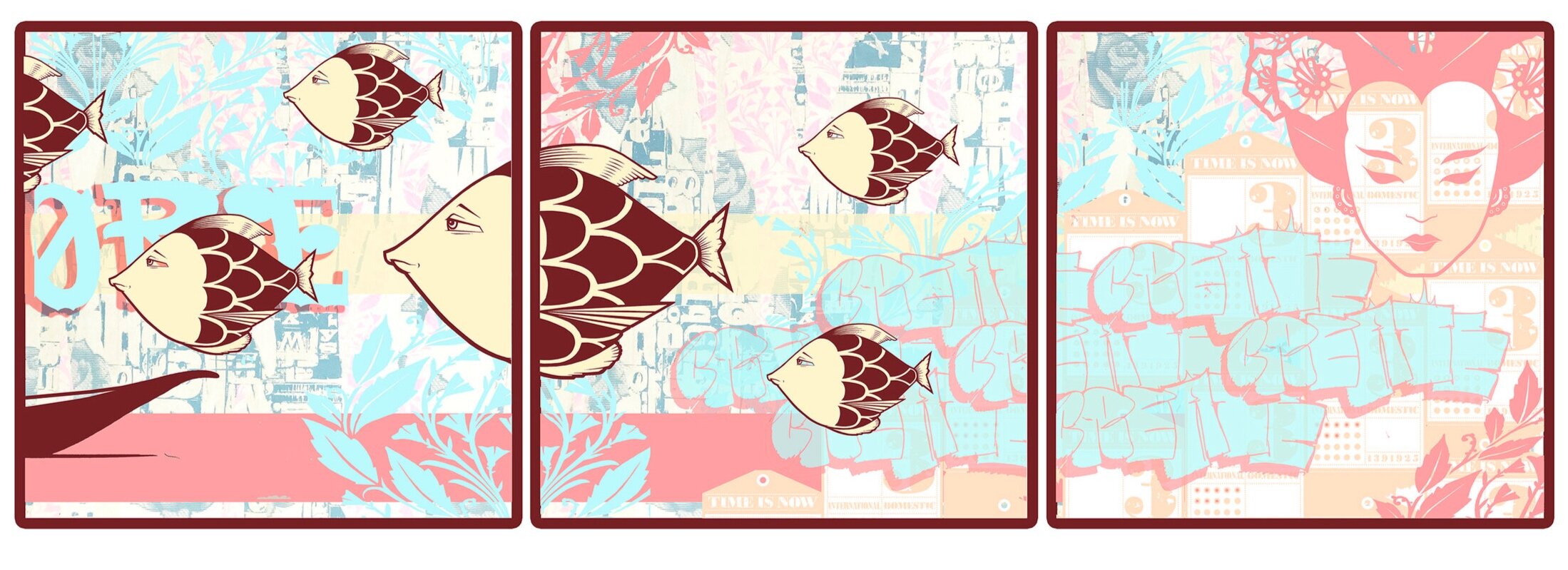 Three panels of a fish illustration collage, featuring stylized fish, floral elements, and text, creating a unique visual composition.