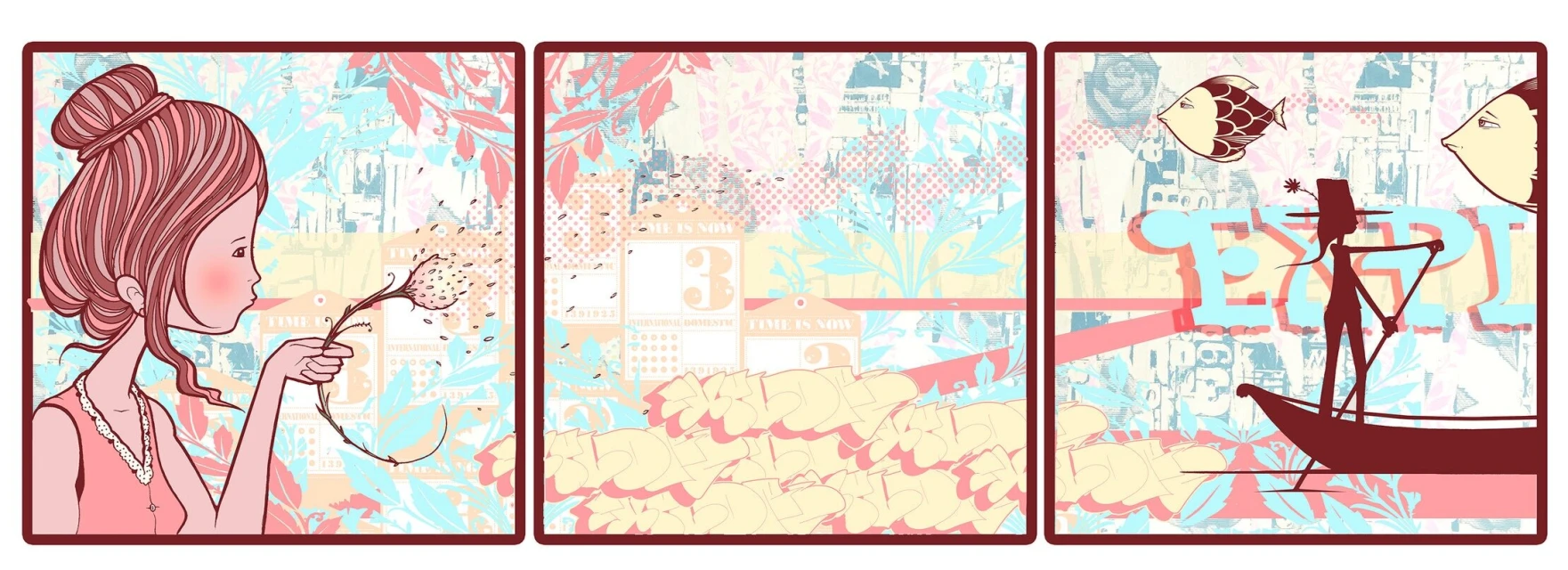 Illustration of a girl blowing on a flower, presented in a triptych format with floral and geometric patterns, and artistic silhouettes.