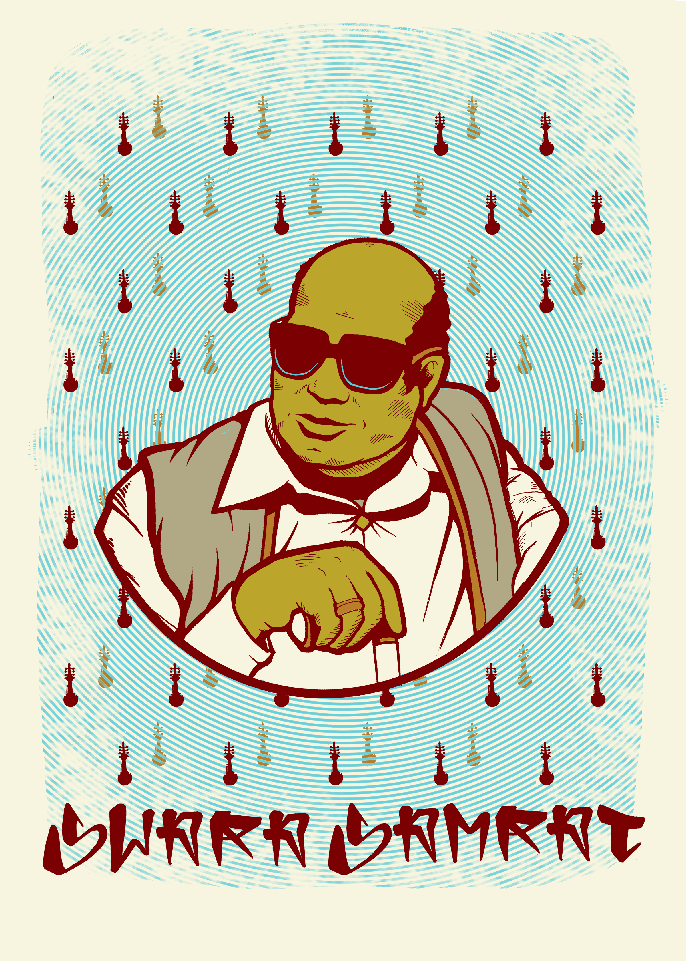 Illustration of a bald adult man with sunglasses, wearing a vest over a white shirt, against a patterned blue background with trophies.