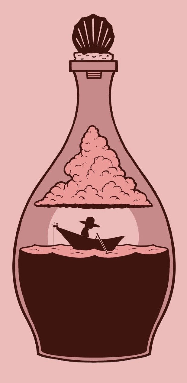 Illustration of a silhouetted figure in a boat within a glass bottle, featuring a cloud and a water-filled base.