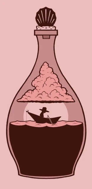 Illustration of a silhouetted figure in a boat within a glass bottle, featuring a cloud and a water-filled base.