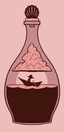 Illustration of a silhouetted figure in a boat within a glass bottle, featuring a cloud and a water-filled base.