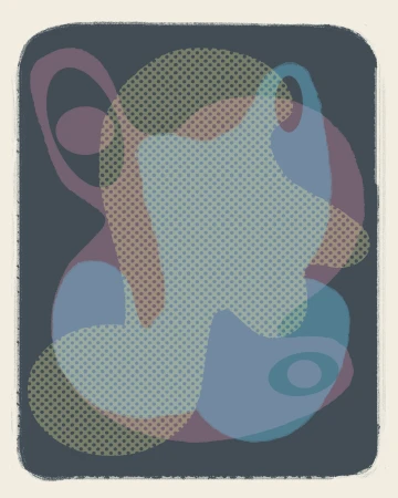 Abstract digital art featuring overlapping shapes in shades of blue, purple, and green with a grainy, textured finish on a beige background.
