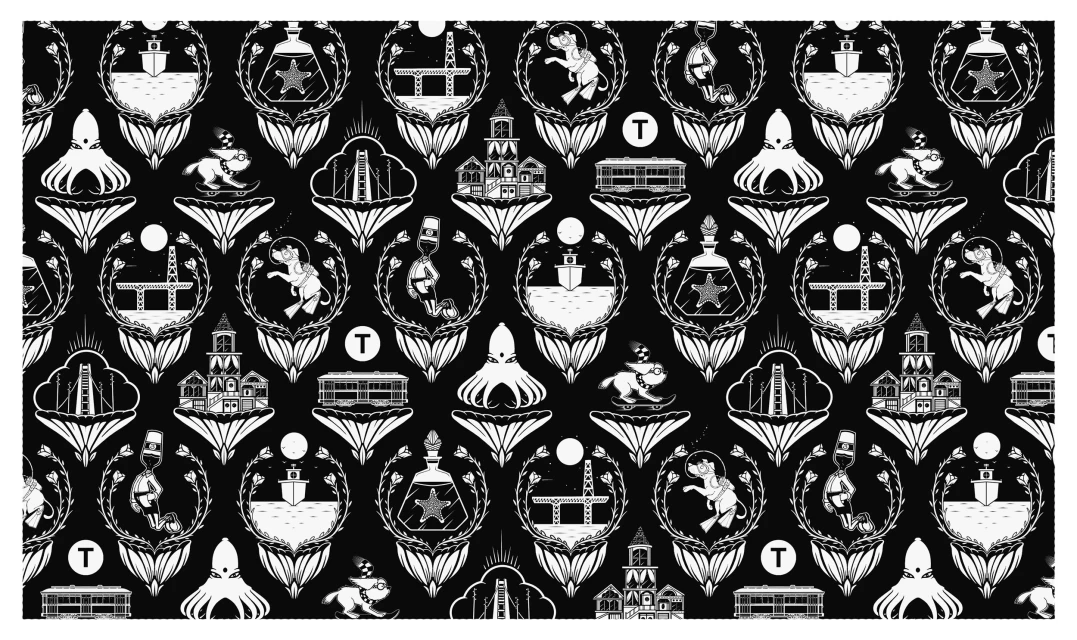 Whimsical wallpaper with illustrated transportation, animals, and architectural elements in white on a black background, creating a playful pattern.