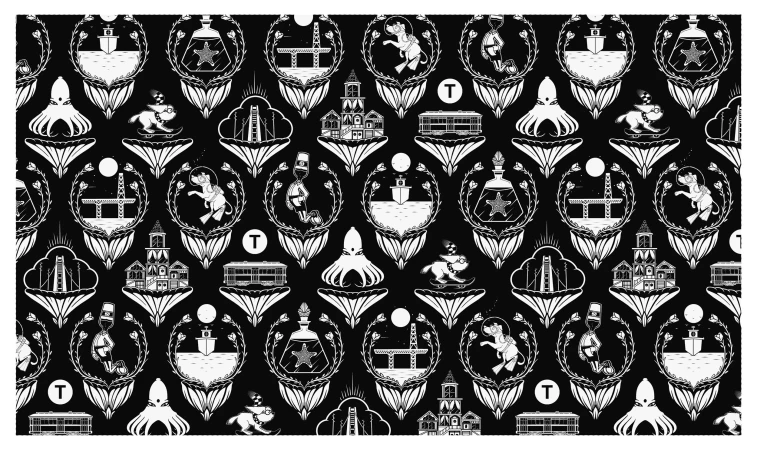 Whimsical wallpaper with illustrated transportation, animals, and architectural elements in white on a black background, creating a playful pattern.