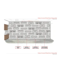 Interior design concept rendering for a break room feature wall showing a patterned wallpaper of vintage tram illustrations in Sydney